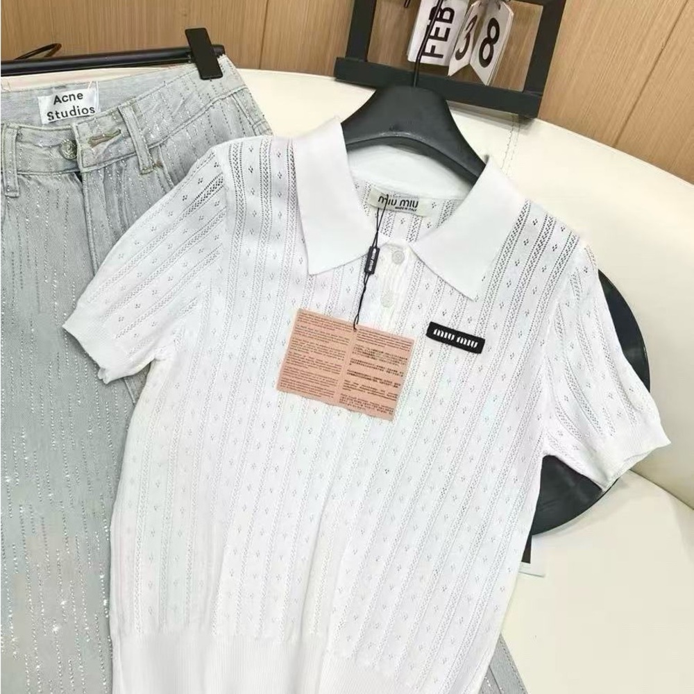 Miu Miu White Eyelet Knit Polo Top